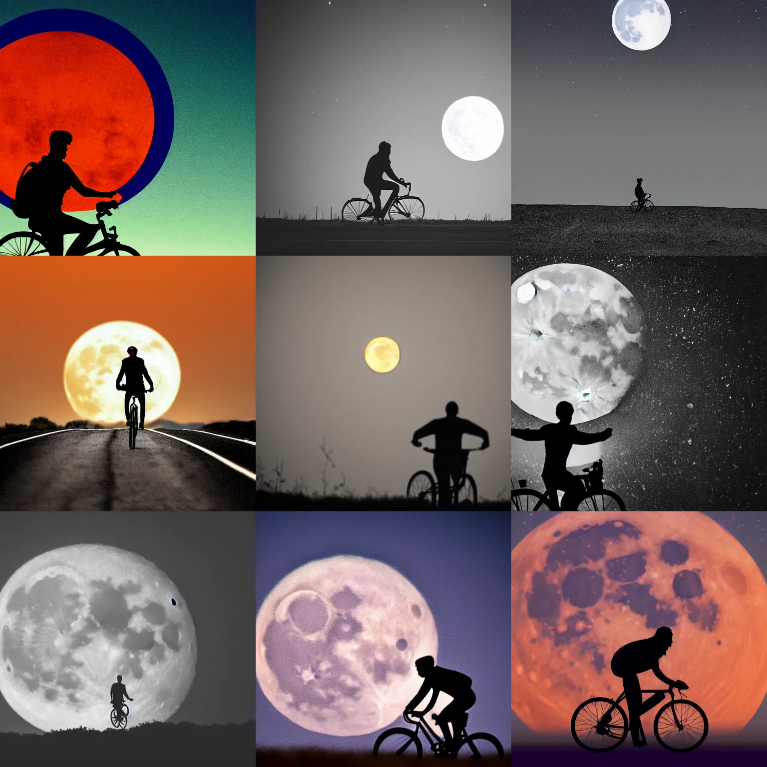 Prompt: high detail photograph of silhouette of a man riding a bicycle on a long lonely road in front of a giant moon, cinematic, atmospheric, spooky, hazy, 8k, tranquil, desolate