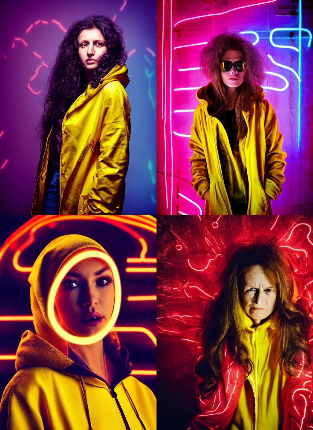 Prompt: A hyper realistic and detailed head portrait photography of a woman wearing a futuristic yellow raincoat with hoodie by annie leibovitz. Neo noir style. Cinematic. Swirly bokeh. Red neon lights and glow in the background. Lens flare.