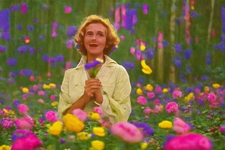 Image similar to vhs 1 9 8 0 s cinema footage of a woman surrounded by giant beautiful flowers smiling at a fire, scene from the movie midsommar, directed by ari aster, vintage film grain