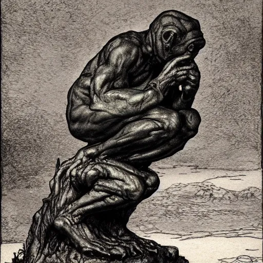 Prompt: philosopher toad in a pose The Thinker, swamp, by Auguste Rodin, illustrations by irish fairy tales james stephens arthur rackham, fairy tale illustrations, top cinematic lighting , cinematic mood, very detailed, shot in canon, 8k, high resolution