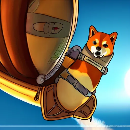 Image similar to cute shiba astronaut on a flying ship, treasure planet style, digital art, 4 k, realistic, vivid colors