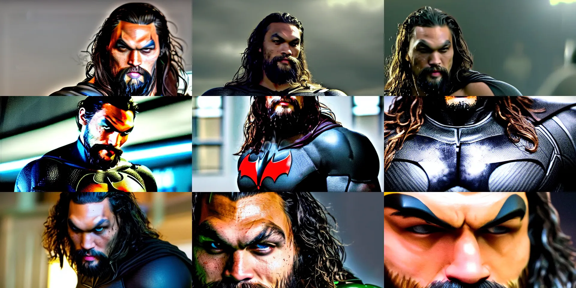 Prompt: jason momoa wearing batman suit very realistic! bokeh cinematic medium shot close up from the avengers