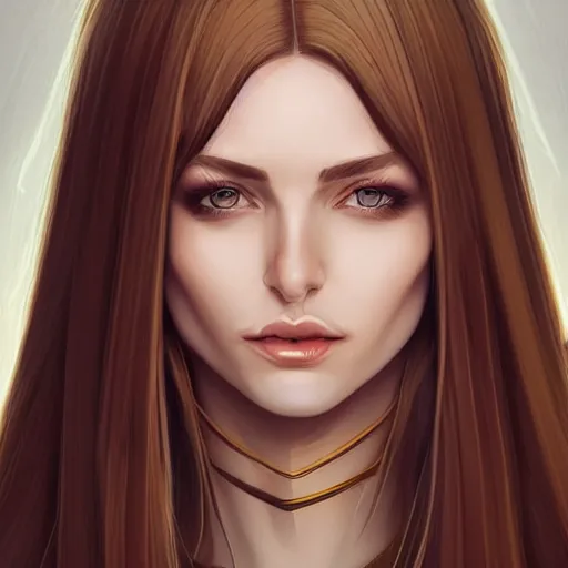 Image similar to portrait, 30 years old women :: fantasy :: amber eyes, long straight darkblond hair :: attractive, symmetric face :: brown medieval cloting, natural materials :: high detail, digital art, RPG, concept art, illustration