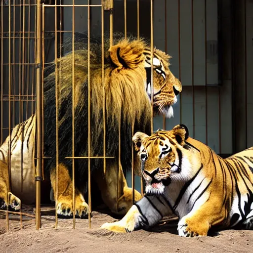 Image similar to lion and a tiger roaring in cage at the zoo wearing a hat