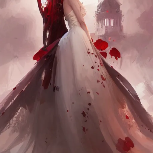 Prompt: The bride in a bloody dress, by Stanley Artgerm Lau, WLOP, Rossdraws, James Jean, Andrei Riabovitchev, Marc Simonetti, Yoshitaka Amano, ArtStation, CGSociety,