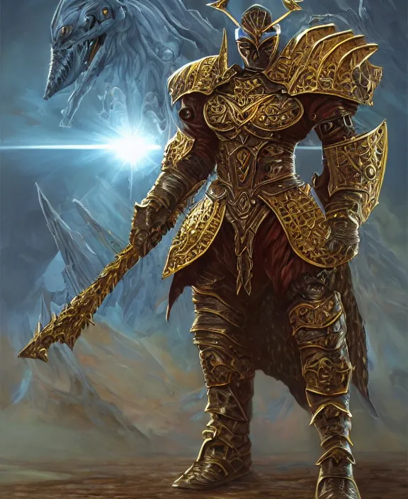 Image similar to final boss warrior, fantasy, man, gilded shiny armour, contrast, highly detailed, digital painting, artstation, concept art, wallpaper, smooth, sharp focus, illustration, illumination, art by larry elmore, jeff easley, clyde waldwell, keith parkinson, daniel r horne