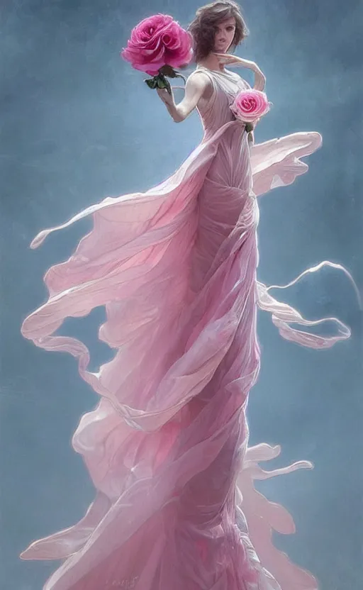 Image similar to delicate !!beautiful!! woman dressed in a vaporous wrapped large victorian pink roses silk semi-transparent dress fashion is running, fantasy, intricate, elegant, highly detailed, digital painting, trending on artstation, concept art, matte, sharp focus, illustration, art by Artgerm and Greg Rutkowski and Alphonse Mucha, trending on instagram, art nouveau