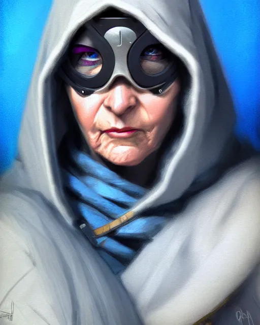 Prompt: ana from overwatch, eye patch, older woman, gray hair, blue hooded cloak, character portrait, portrait, close up, highly detailed, intricate detail, amazing detail, sharp focus, vintage fantasy art, vintage sci - fi art, radiant light, caustics, by boris vallejo