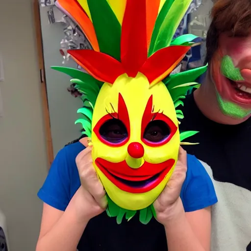 Prompt: an pineapple with a clownmask