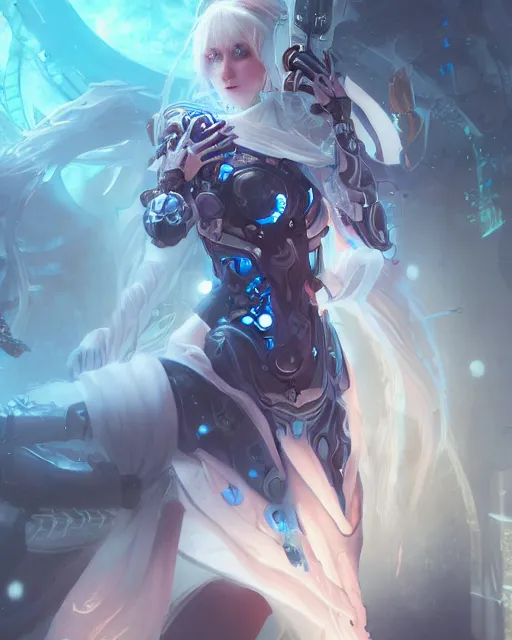 Image similar to holy cyborg necromancer girl, elegant, scifi, futuristic, utopia, garden, illustration, atmosphere, top lighting, blue eyes, white hair, focused, artstation, highly detailed, art by yuhong ding and chengwei pan and serafleur and ina wong