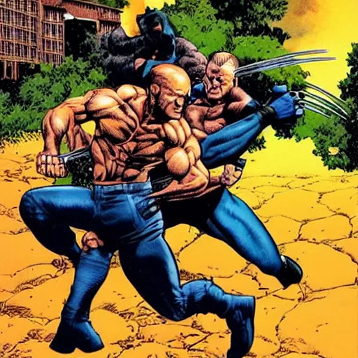 Prompt: wolverine fighting bruce willis, painted by richard corben,