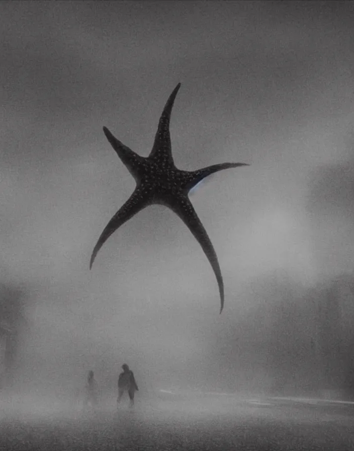 Image similar to very low - resolution found footage of a couple escaping in the city from a starfish kaiju monster, fog, foggy, korean film noir, monochrome, red hue, thriller, underdeveloped, epic, dramatic