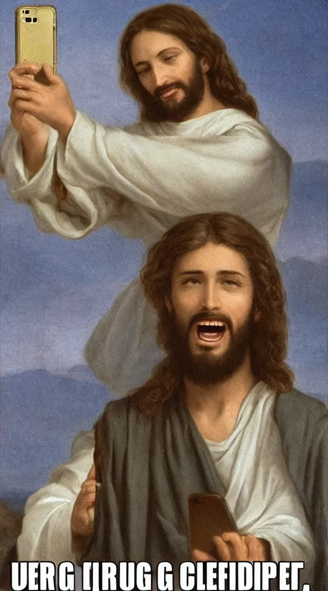 Image similar to Jesus taking a selfie. He is laughing because see a meme.no letters, year 0 clotes, Professional photo