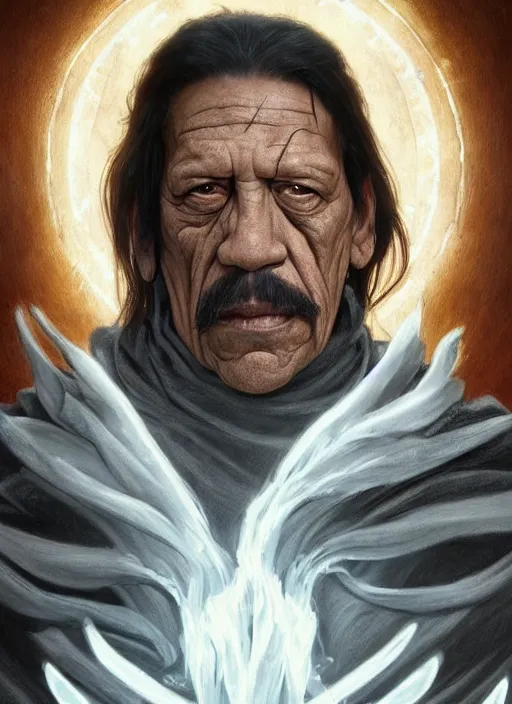 Image similar to Portrait of Danny Trejo, white glowing eyes, silver hair, cloak, ethereal wings, male, fantasy, extremely detailed, digital painting, artstation, concept art, smooth, sharp focus, illustration, stunning lighting, art by artgerm and greg rutkowski and alphonse mucha and simon stalenhag, realistic character concept, high fantasy, light atmosphere, golden ratio, cinematic lighting, hyperdetailed, high resolution, insanely detailed and intricate, artstation, Marc Simonetti, Greg Rutkowski, 8k