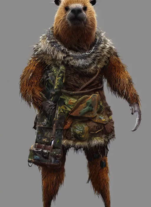 Image similar to detailed full body concept art illustration soft focus oil painting on canvas of an anthropomorphic capybara druid in full intricate clothing, biomutant, dystopian, micro detail, octane render, 4K