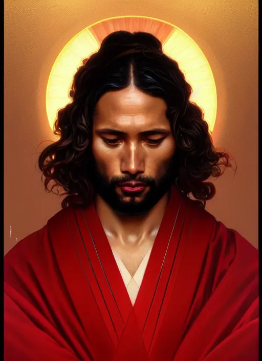 Image similar to symmetry!! portrait of terrence boyd as a jesus christ in a red kimono with an halo, face close - up, intricate, elegant, highly detailed, digital painting, artstation, concept art, smooth, sharp focus, illustration, art by artgerm and greg rutkowski and alphonse mucha