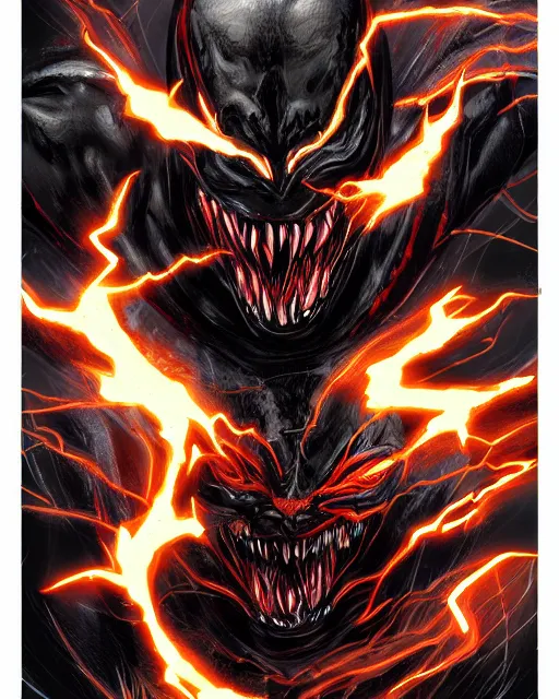 Image similar to venom as the flash, dynamic lighting, fantasy concept art, trending on art station, stunning visuals, creative, cinematic, ultra detailed, comic strip style