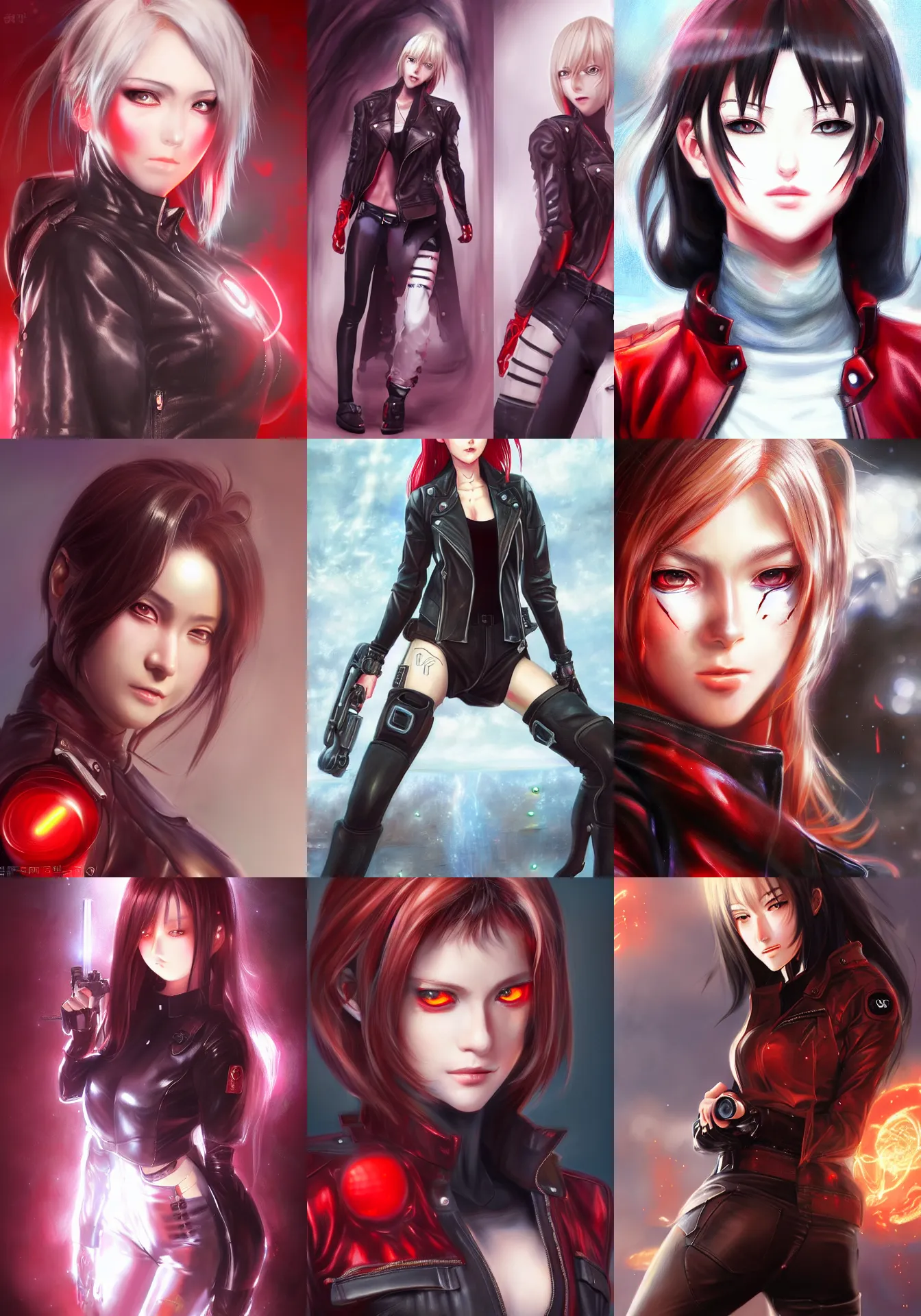 Prompt: A realistic anime portrait of a female terminator with glowing red eyes wearing jeans and a leather jacket, digital painting, by Stanley Artgerm Lau, Sakimichan, WLOP and Rossdraws, digtial painting, trending on ArtStation, SFW version