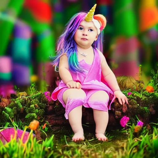 Prompt: Baby girl with unicorn and rainbow clothes sitting in a garden octane render