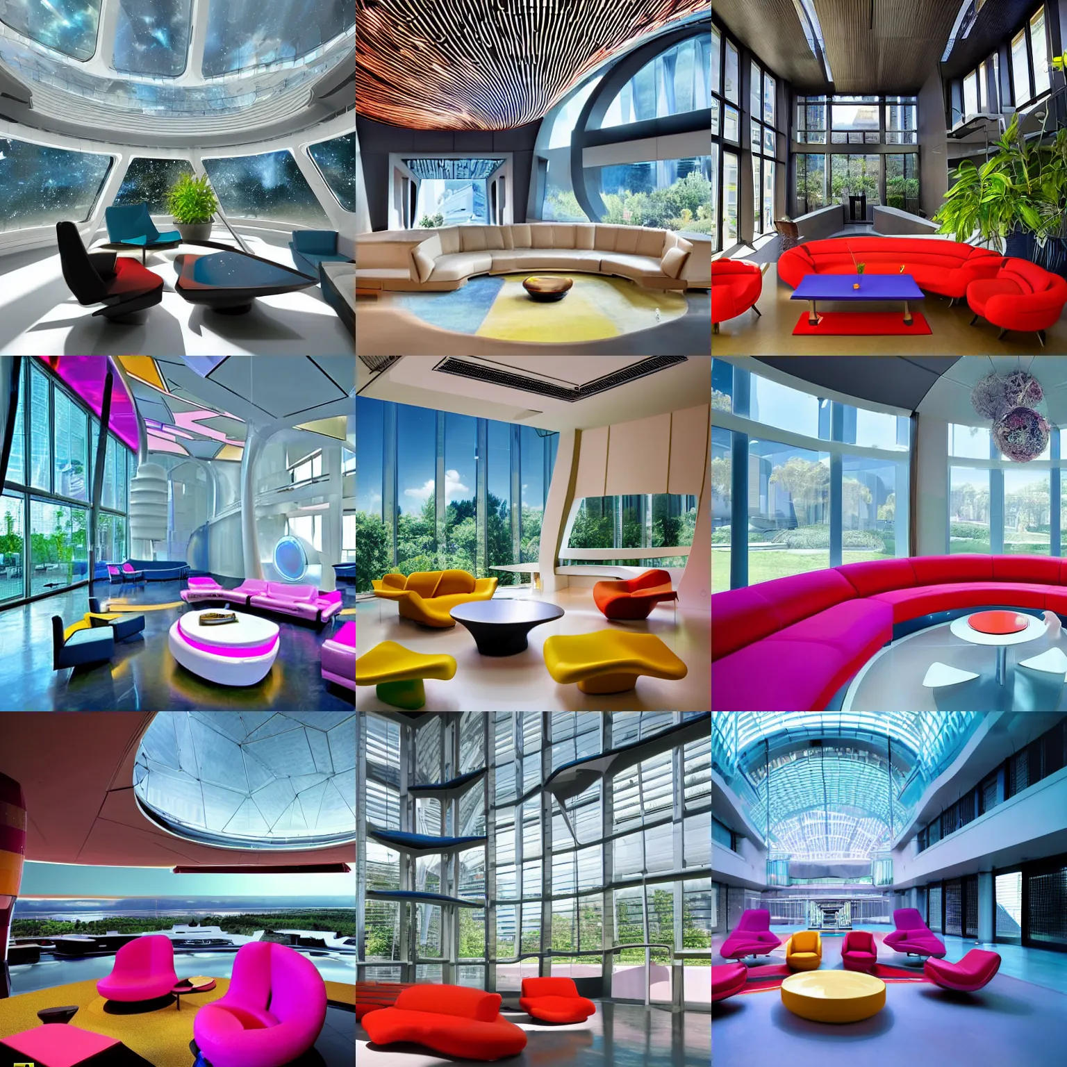 Prompt: ultra modern concept design of a vast spaceship interior, futuristic chairs and sofas can be seen in the foreground, a large colorful nebula can be seen from a window, large plants in the background, in the style of Ricardo Bofill, wide angle shot