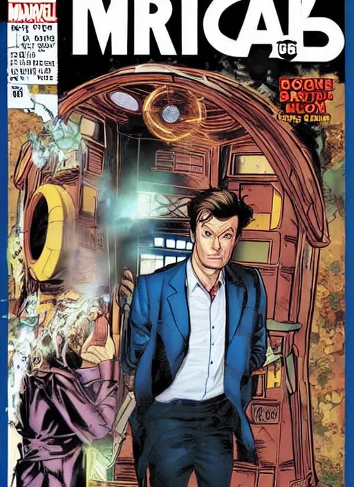 Image similar to A marvel comic book cover of the tenth doctor standing in front of the Tardis, daytime