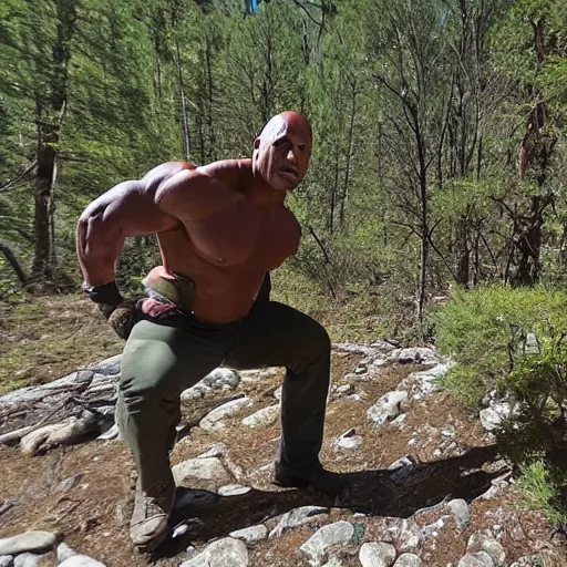 Prompt: stretched dwayne the rock Johnson trail cam