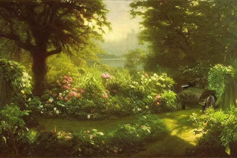 Prompt: secret garden, lush, floral, botanical, romanticism, dreamy, atmospheric, summery, hudson river school