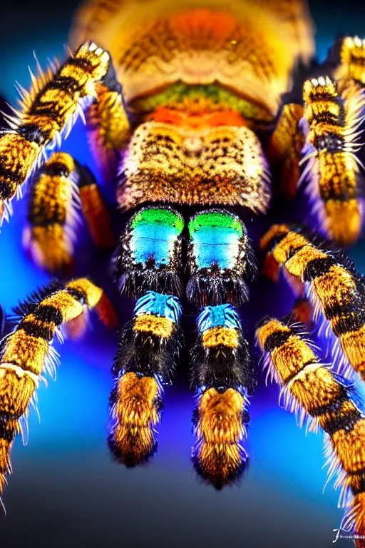 Prompt: high quality macro photo rococo iridescent tarantula! jewelled gorgeous! highly detailed david ligare elson peter cinematic blue neon lighting high quality low angle hd 8k sharp shallow depth of field