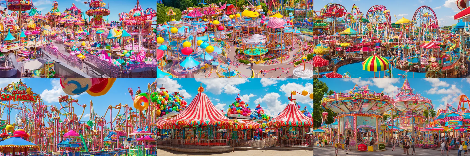 Prompt: cookie, ice cream, gumdrops, candy, cake, whipped cream amusement park, sunny, 4k, trending on artstation, architectural photography