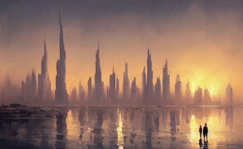 Image similar to oil painting of dubai skyline at sunset, natural light, concept art, by greg rutkowski, cozy atmospheric and cinematic lighting