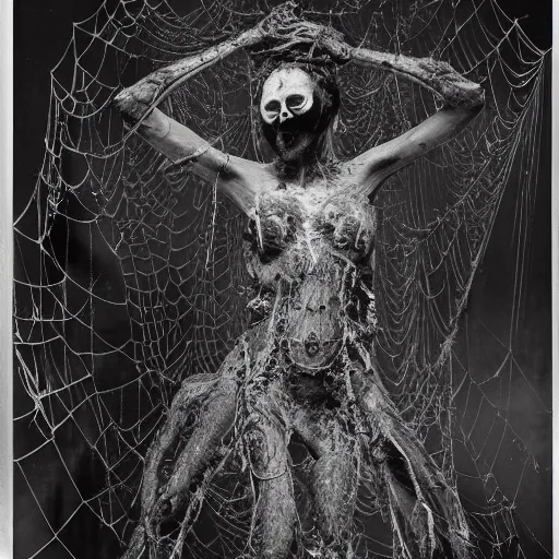 Image similar to 1860 photo of an ancient fractal spider-woman-demon on an abandoned factory on the middle of a forest, spooky , spider webs, devouring the human soul, veins, arteries, intricate, golden ratio, full frame, microscopic, elegant, highly detailed, ornate, ornament, sculpture, elegant , luxury, beautifully lit, ray trace, 3d, PBR