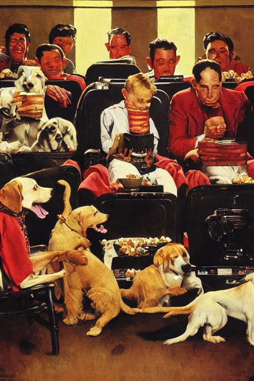 Image similar to ten dogs watching a movie at movie theater eating popcorn painted by norman rockwell