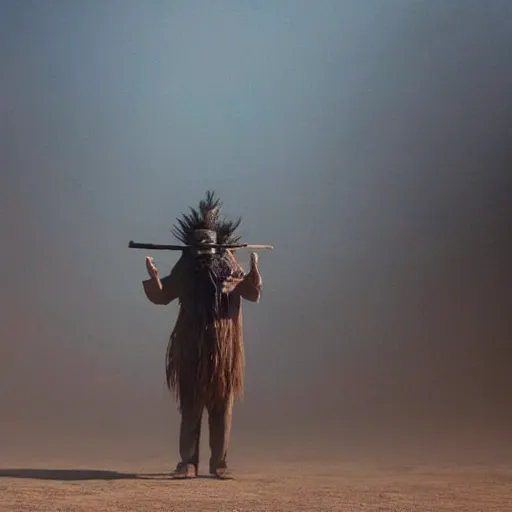 Image similar to full body shot of floating old asian man with long beard, his head covered in roots, full face occult silver mask, glowing eyes, wearing a large carved wooden fractal stick, smoke around him, in the burning soil desert, cinematic shot, wide angle, desert background, dry volumetric lighting by Denis Villeneuve, Lubezki, Gaspar Noe Christopher Doyle and Alejandro Jodorowsky, anamorphic lens, anamorphic lens flares, kodakchrome, cinematic composition, practical effects, award winning photo, 8k