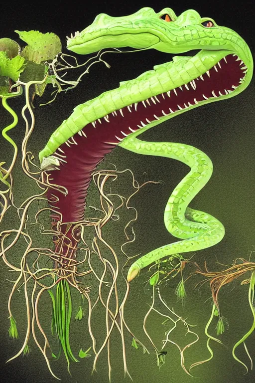 Image similar to a carnivorous plant with a long vine and the head of a alligator, vicious snapping alligator plant, side view of a plant showing roots
