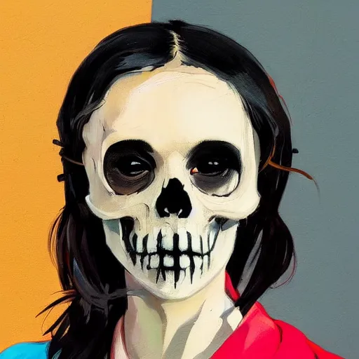 Prompt: a portrait of a girl skull face, in the style of banksy, atey ghailan and steve mccurry, vibrant colors and hard shadows and strong rim light, lucien freud, comic cover art, trending on artstation