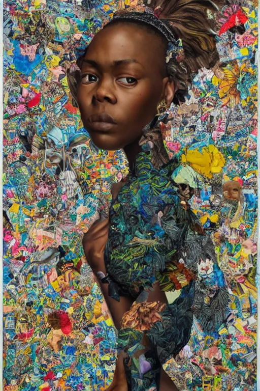 Image similar to A detailed maximalist collage of a portrait with large eyes, exasperated expression with an existential dread of love, mixed media torn paper collage, highly detailed and intricate illustration, high fashion, in the style of Kehinde Wiley