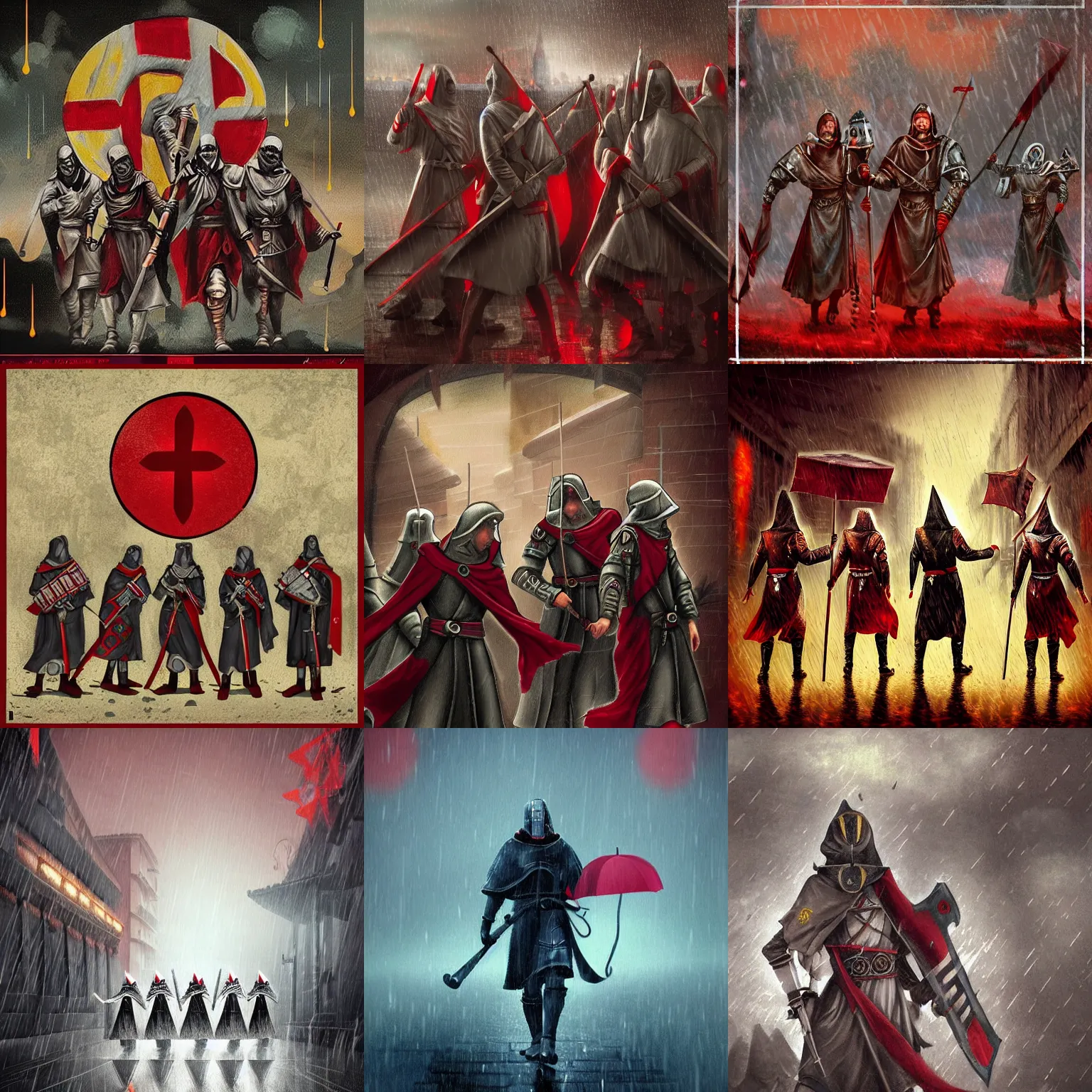 Prompt: Templars singing in the rain, going on a crusade, digital art in the style of Hachmyta, rainy, foggy, red cross, high details, trending on artstation, epic