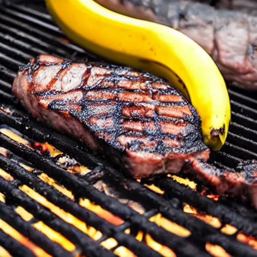 Prompt: a banana cooking on a charcoal grill, ( steak ) looks like banana