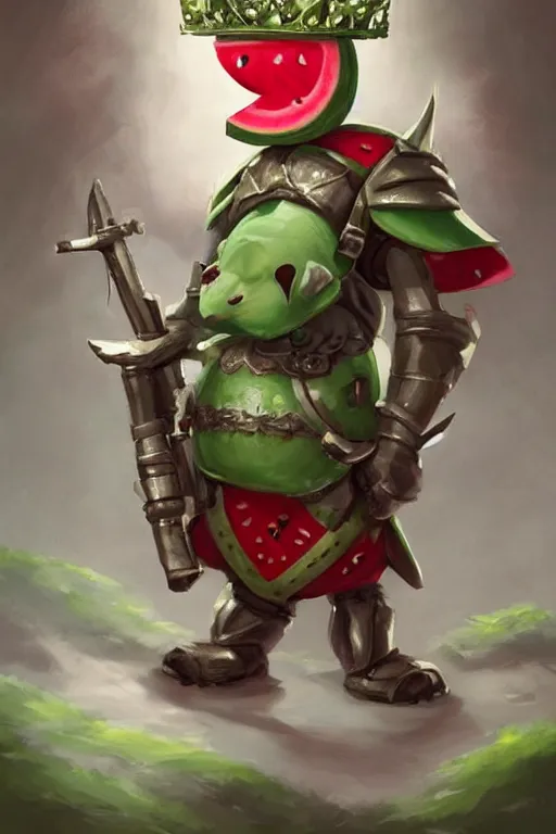 Image similar to cute anthropomorphic watermelon knight wearing a cape and a crown and holding a sniper, tiny, small, miniature bear, baby animal, short, pale blue armor, cute and adorable, pretty, beautiful, DnD character art portrait, matte fantasy painting, DeviantArt Artstation, by Jason Felix by Steve Argyle by Tyler Jacobson by Peter Mohrbacher, cinematic lighting