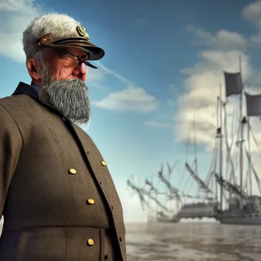 Image similar to a old man in officer suit of russian empire, gray hair and beard, giant yellow dieselpunk ship on background, colored, photorealistic, high detailed, smooth, sharp focus, real life photo, face details, highfleet, 4 k