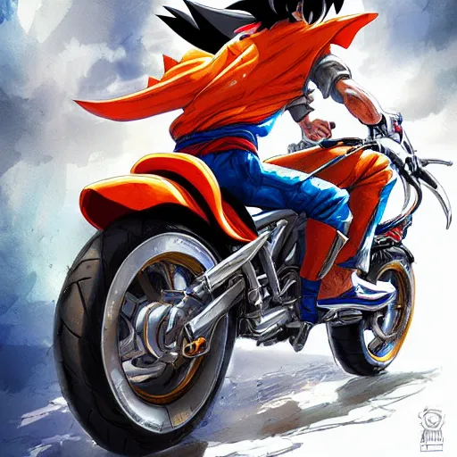 Prompt: goku dressed as a motorcyclist, by Stanley Artgerm Lau, WLOP, Rossdraws, James Jean, Andrei Riabovitchev, Marc Simonetti, Yoshitaka Amano, ArtStation, CGSociety,