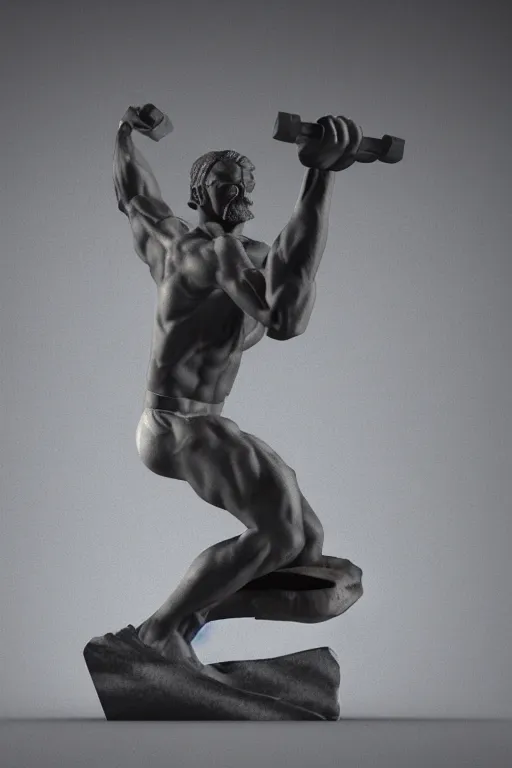 Image similar to the statue in marble of a crossfitter with a mustache holding a dumbell, mattepainting, global illumination, concept Blizzard pixar maya engine on stylized background