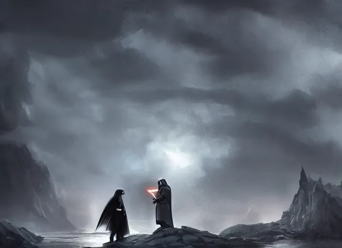 Image similar to darth vader bowing to gandalf, beautiful landscape, dramatic lighting, cinematic, establishing shot, night time, heavy rain, extremly high detail, photorealistic, cinematic lighting, post processed, concept art, artstation, matte painting, style by greg rutkowsky