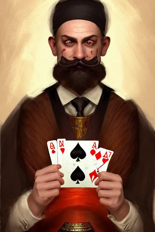 Image similar to lower chin bearded round face with no moustache, magician holding playing cards, realistic, modern, magicians eyes are covered with cloth, intricate, elegant, highly detailed, digital painting, artstation, concept art, addiction, chains, smooth, sharp focus, illustration, art by ilja repin