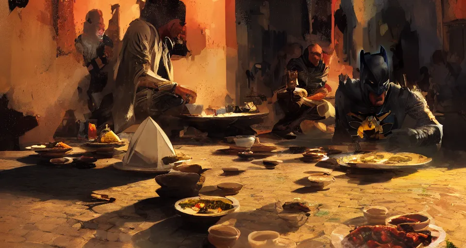 Image similar to Batman eat tajine in fez morrocco, digital art,ultra realistic,ultra detailed,art by greg rutkowski