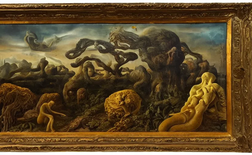 Image similar to strange disturbing surrealistic landscape with very small strange figures in the distance with large looming biomorphic figures looming inthe foreground, cast shadows, chiaroscuro, painted by dali and rachel ruysch, timeless disturbing masterpiece