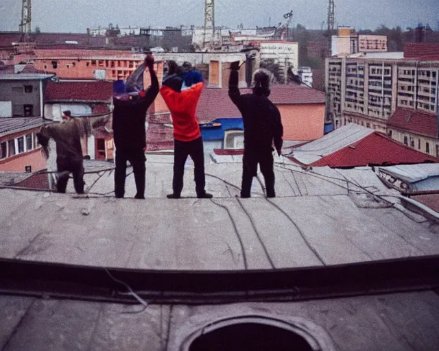 Image similar to lomo photo of roofjumpers climbing on roof of soviet hrushevka, small town, cinestill, bokeh, out of focus