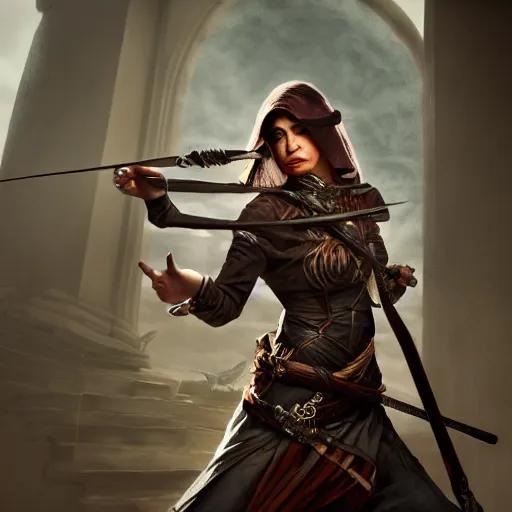 a female assassin using dart rope as a weapons 
