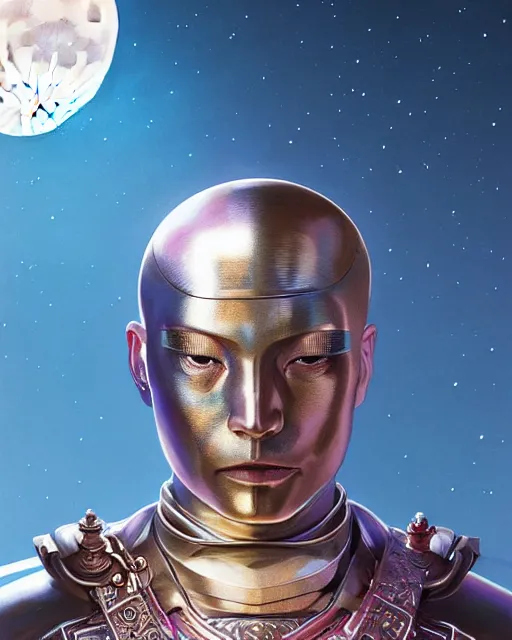 Image similar to highly detailed surreal vfx portrait of a metallic chromatic samurai in front of a full moon, stephen bliss, unreal engine, greg rutkowski, loish, rhads, beeple, makoto shinkai and lois van baarle, ilya kuvshinov, rossdraws, tom bagshaw, alphonse mucha, global illumination, detailed and intricate environment