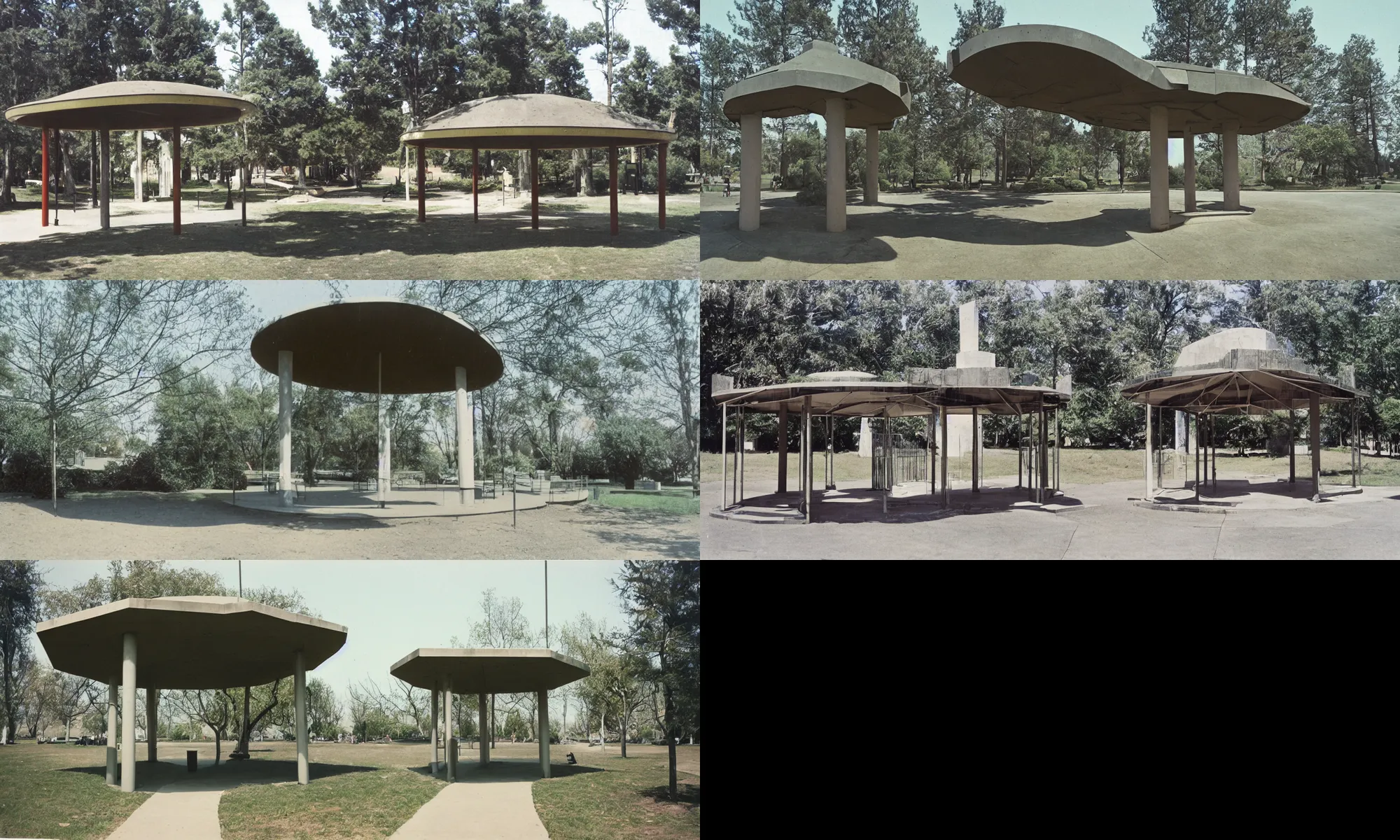 Prompt: Brutalist park gazebo at a Northern Californian park, 1970s, color slide film,